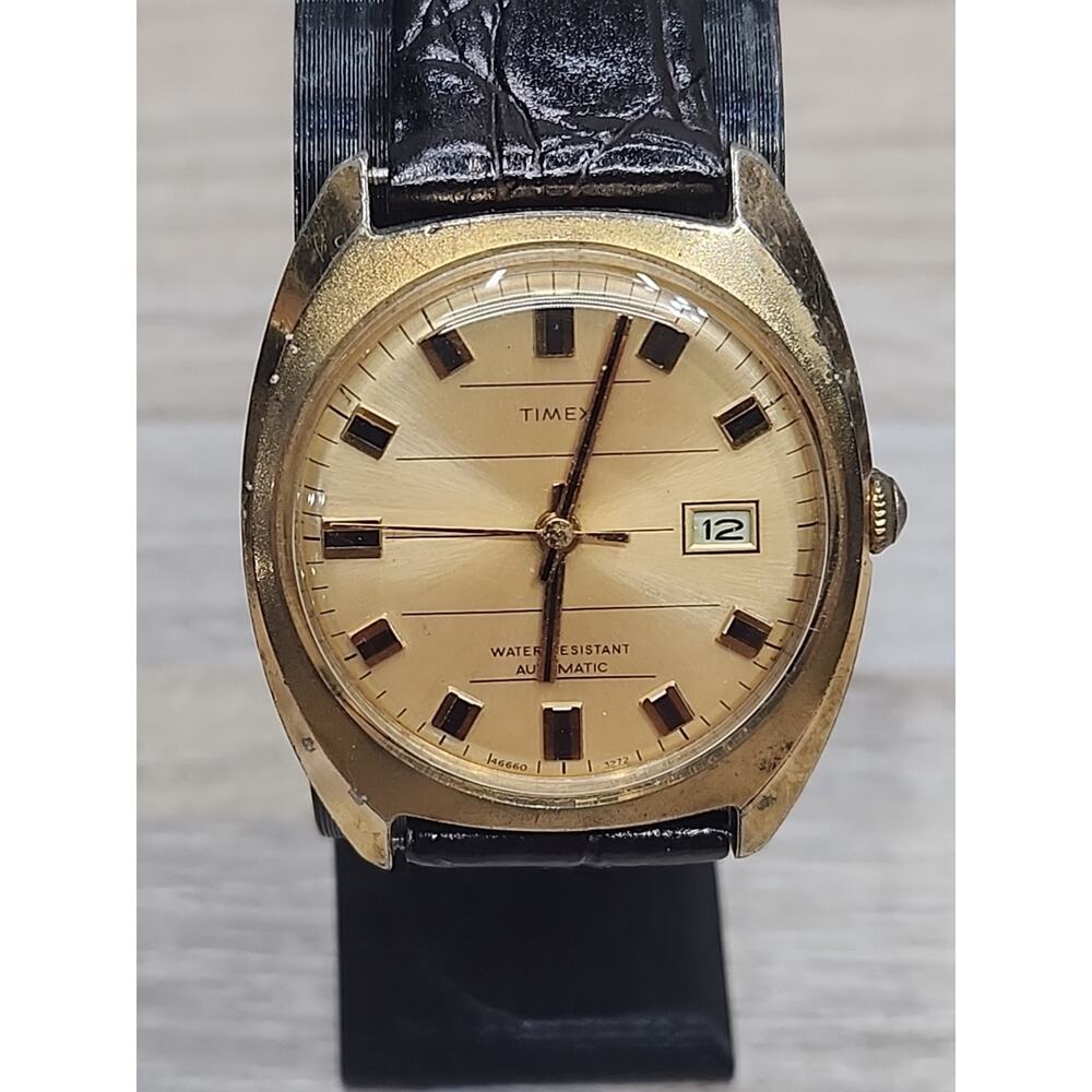 Vintage 1972 Men's Timex Automatic Watch Crosshair Dial W/Leather Strap-Working - Picture 5 of 9